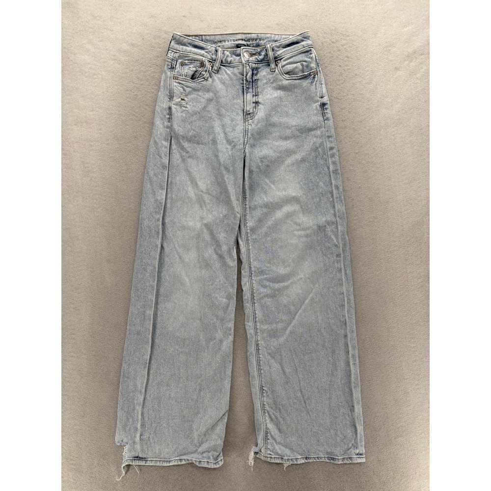 American Eagle Super High Rise Wide Leg Jeans Womens 000 Short Blue Distressed